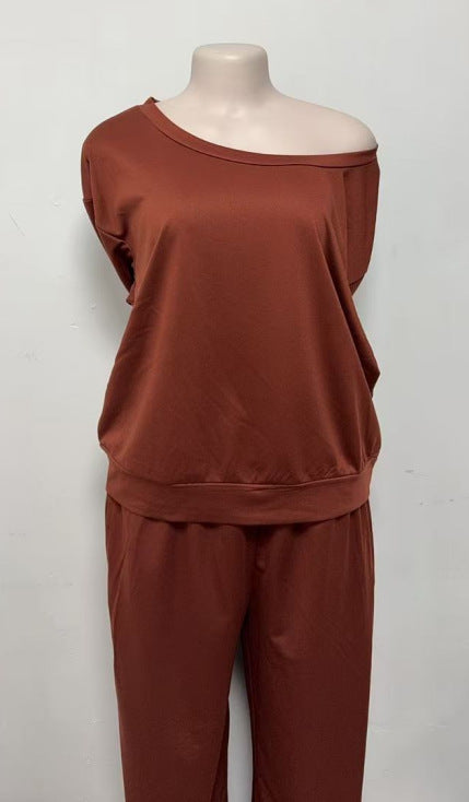 Burgundy off-shoulder sweatshirt and wide-leg lounge pant set, cotton fleece
