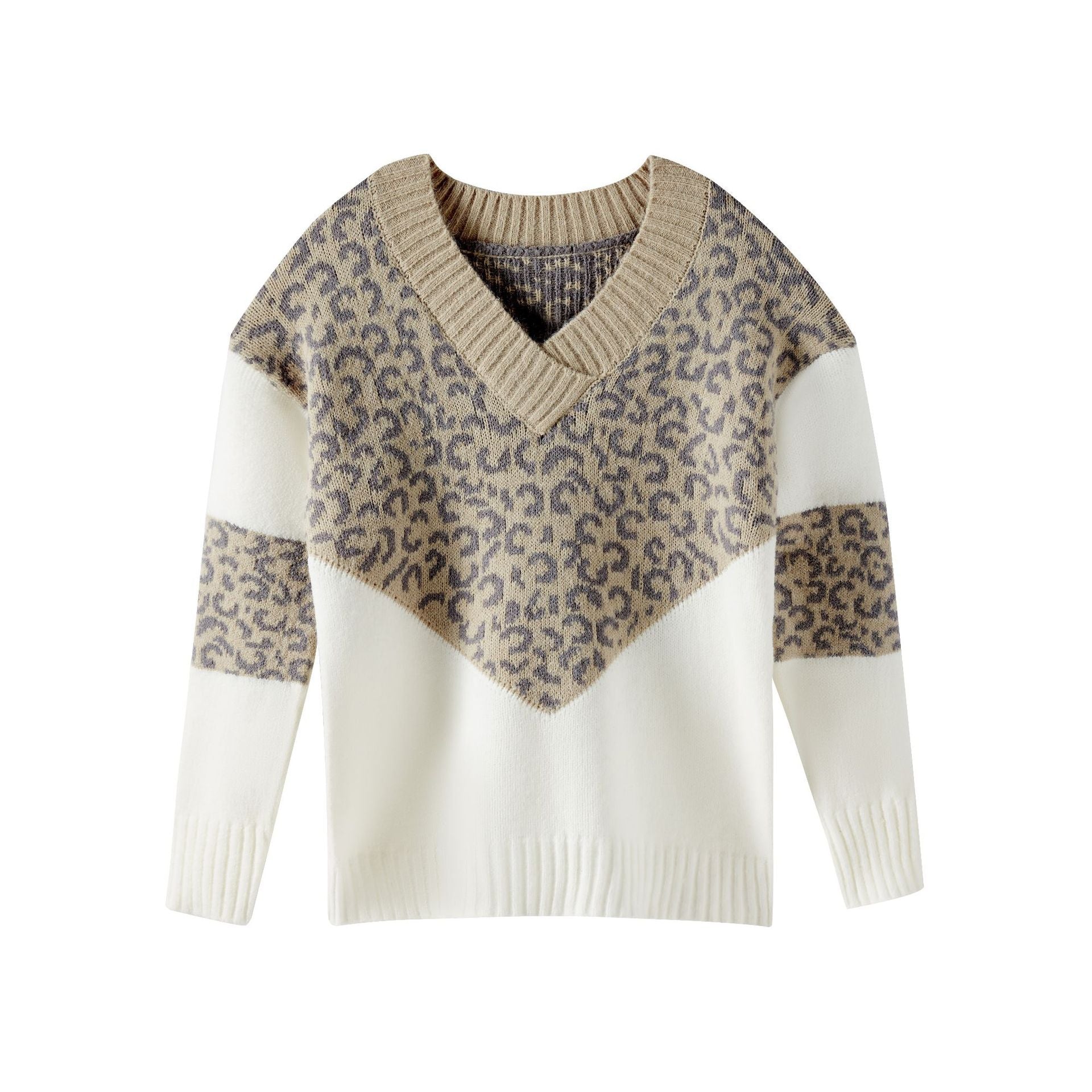 Women’s V-neck color-block leopard print sweater with beige and white knit