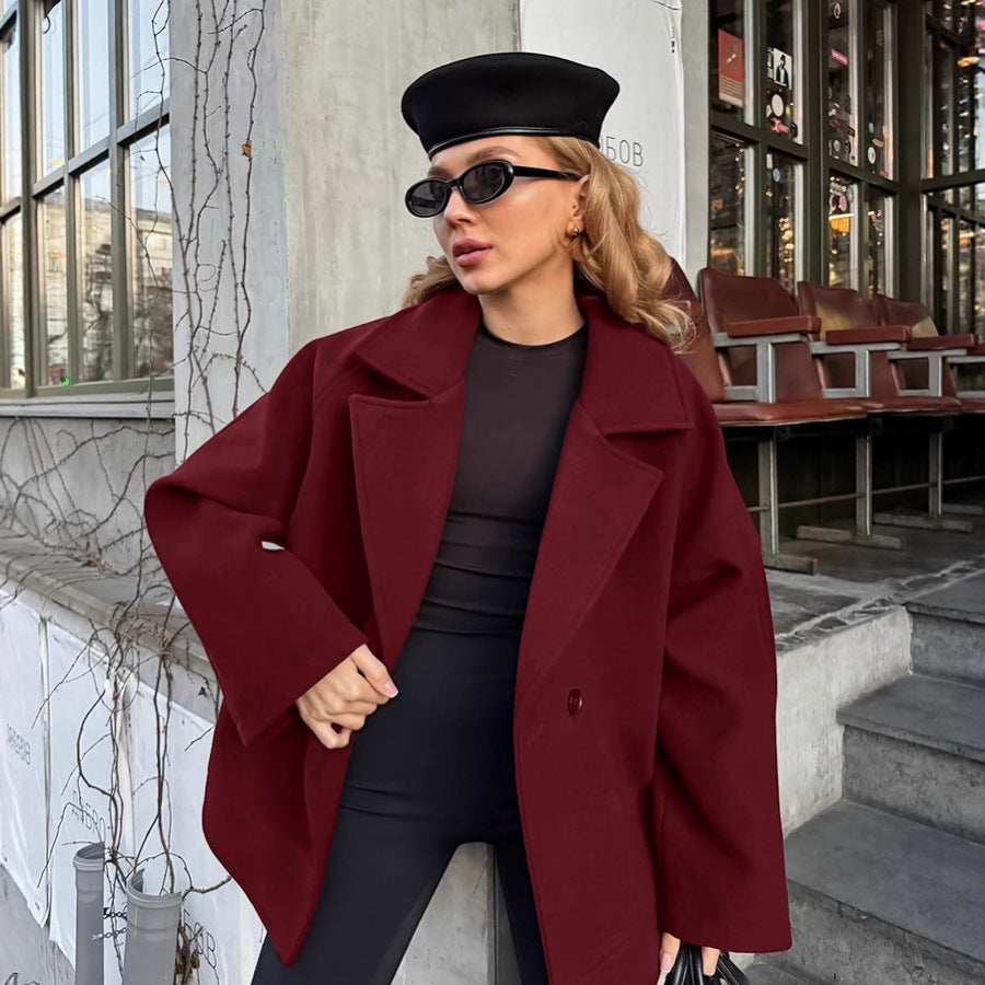 Wool Coat for Women — Short Belted Wrap Style with Notch Lapel and Dropped Shoulders
