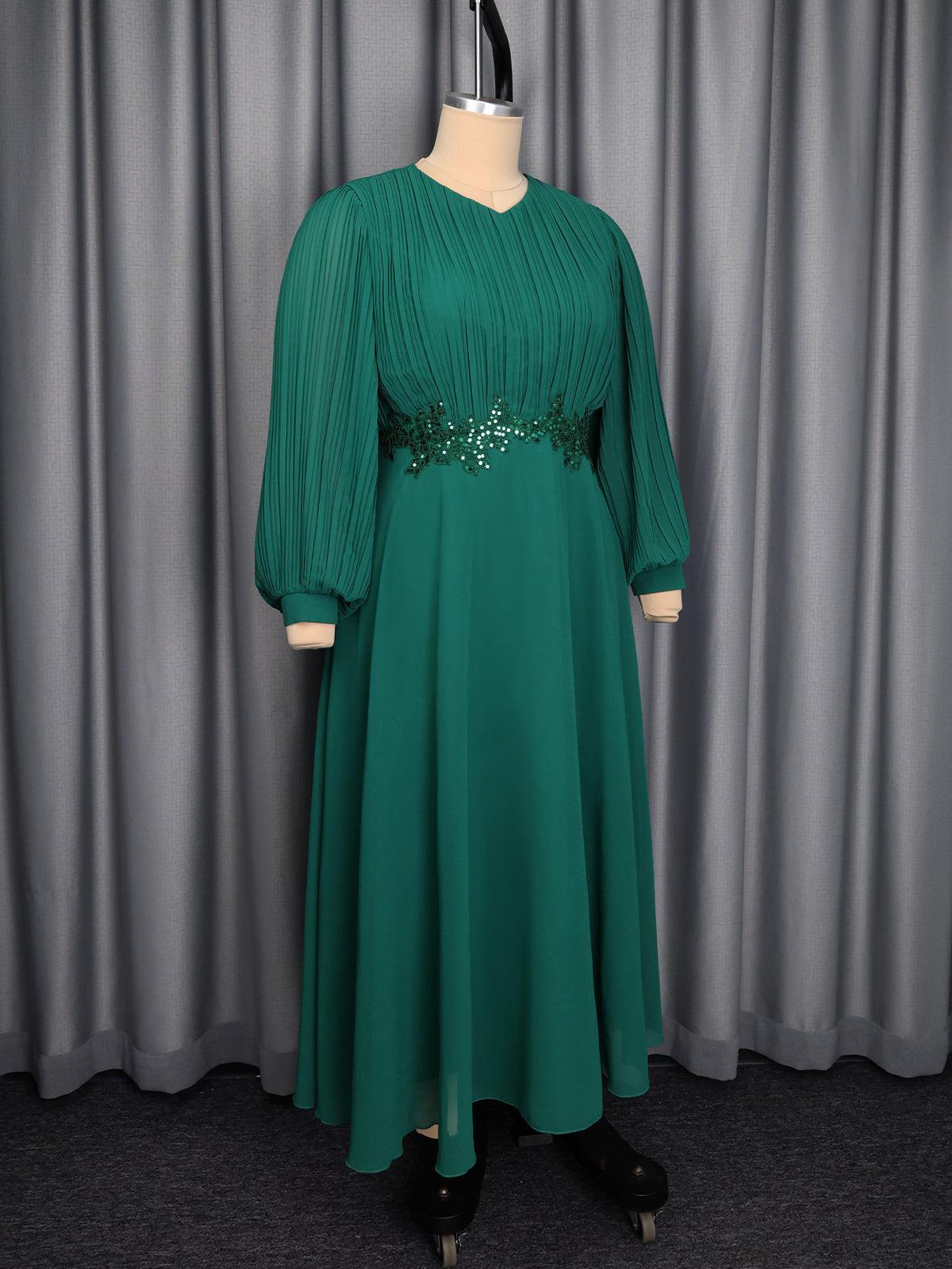 Chiffon Maxi Dress for Women — Pleated Lantern Sleeve Evening Gown with Sequin Waist