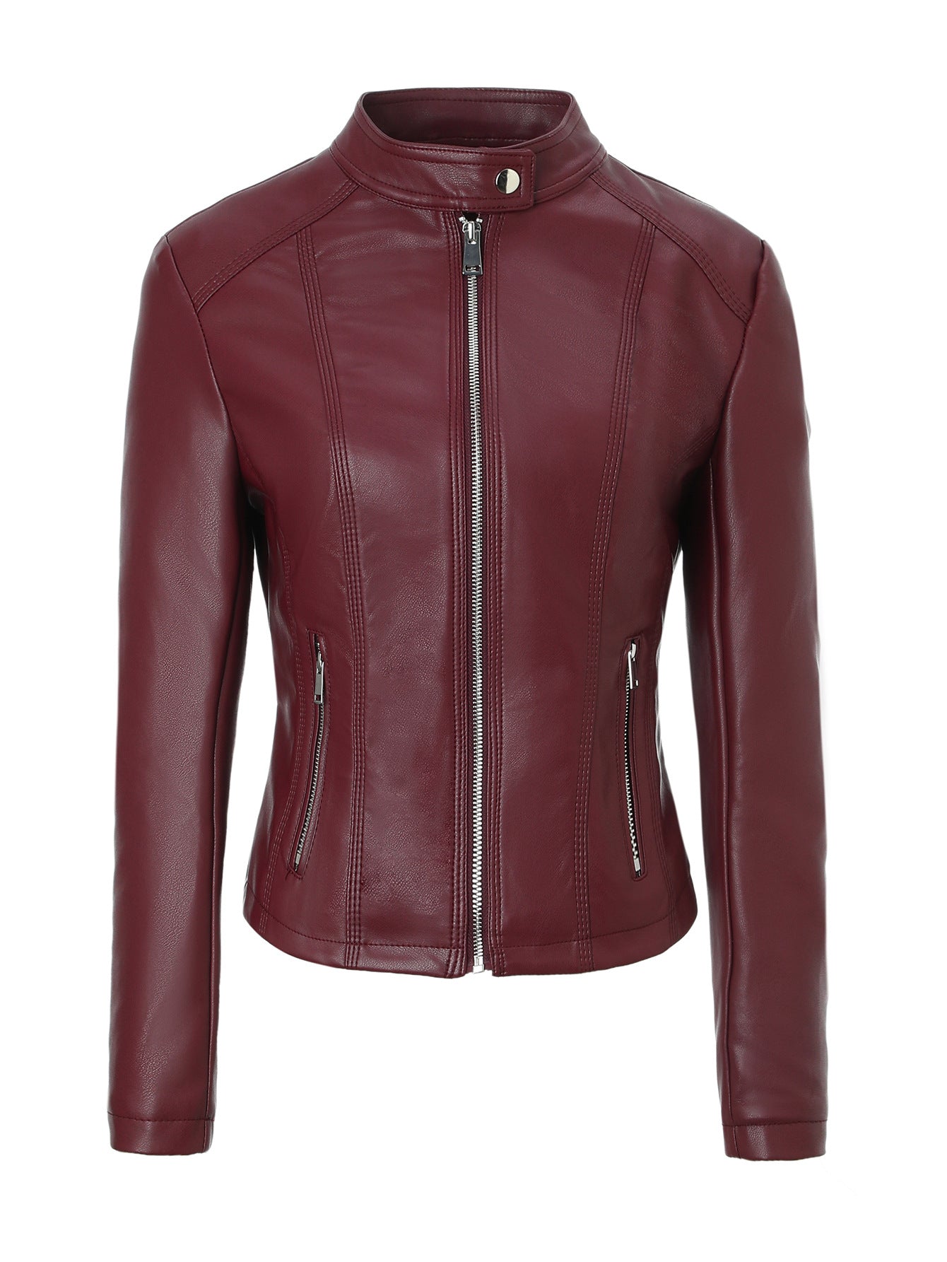 Burgundy faux leather moto jacket with stand collar, front zipper, and zip pocket details