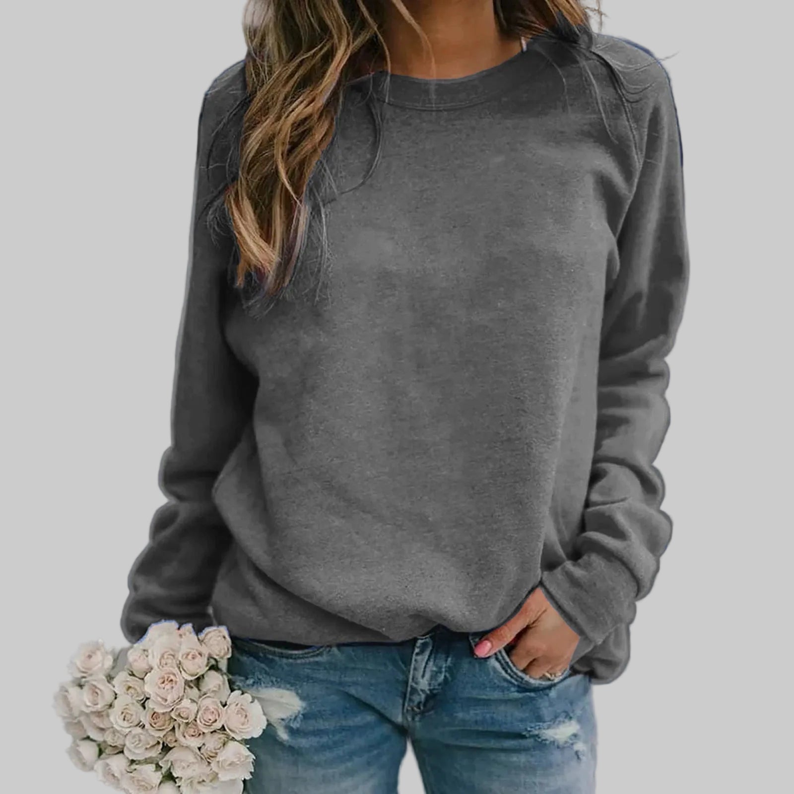 Women’s long-sleeve round-neck T-shirt top, dark gray, relaxed fit