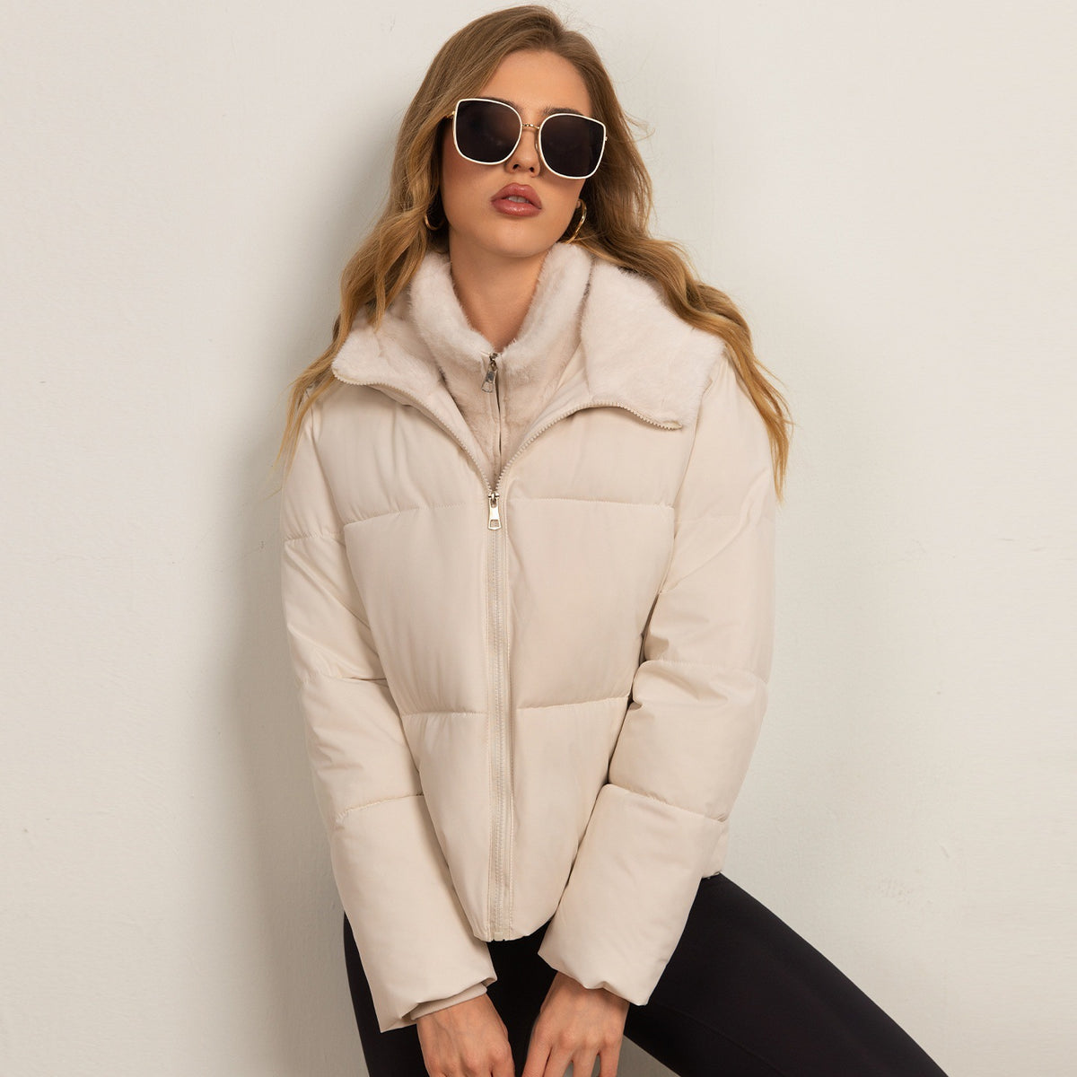 Puffer Jacket for Women — Short Quilted Zip Up with Faux Fur Collar in Warm Nylon