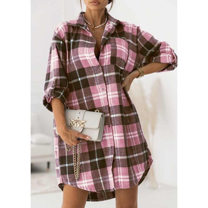 Oversized Plaid Shirt Dress — Boyfriend Button Down Style with Rolled Sleeves in Cotton