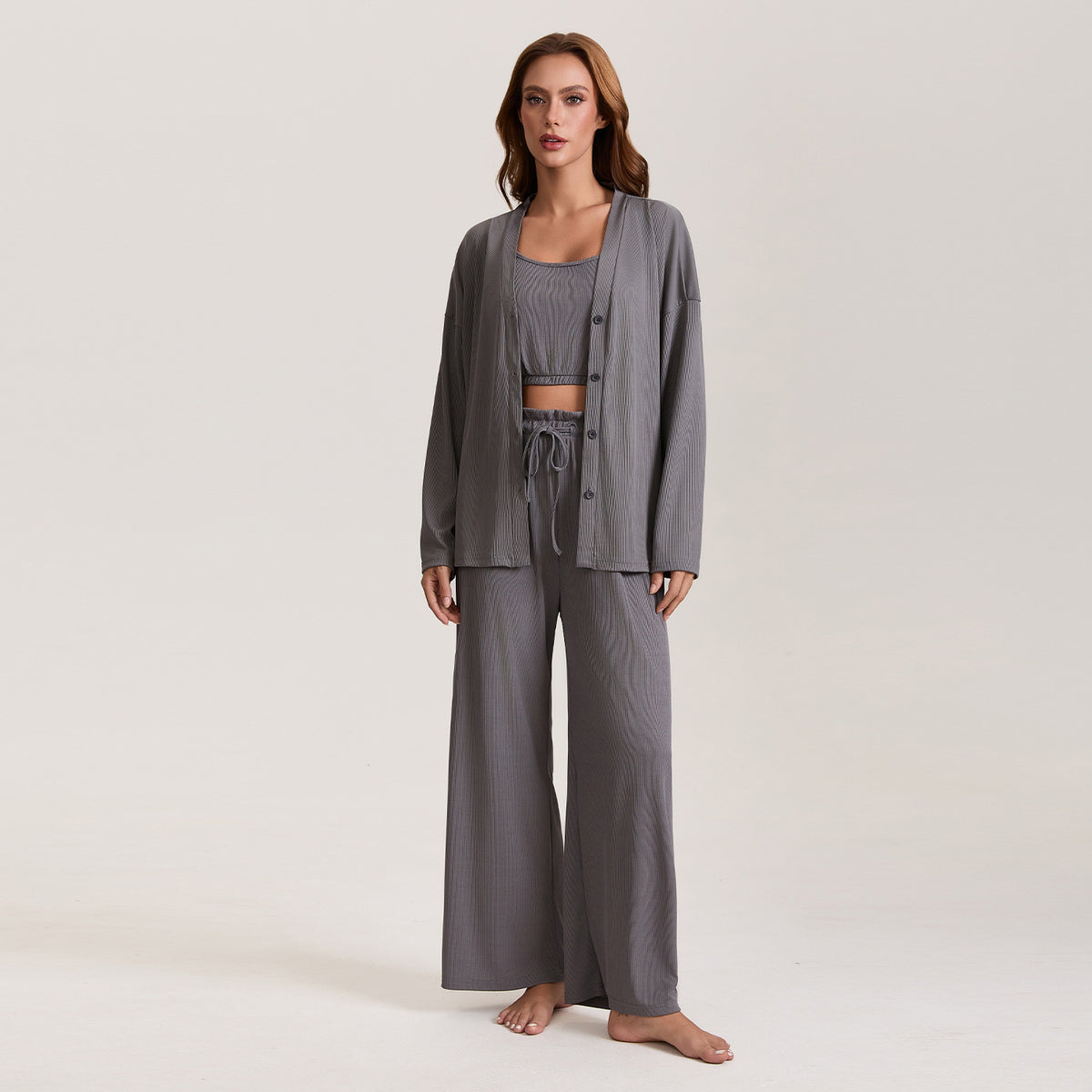 Women’s dark gray pajama three-piece set with long-sleeve lounge jacket and wide-leg pants