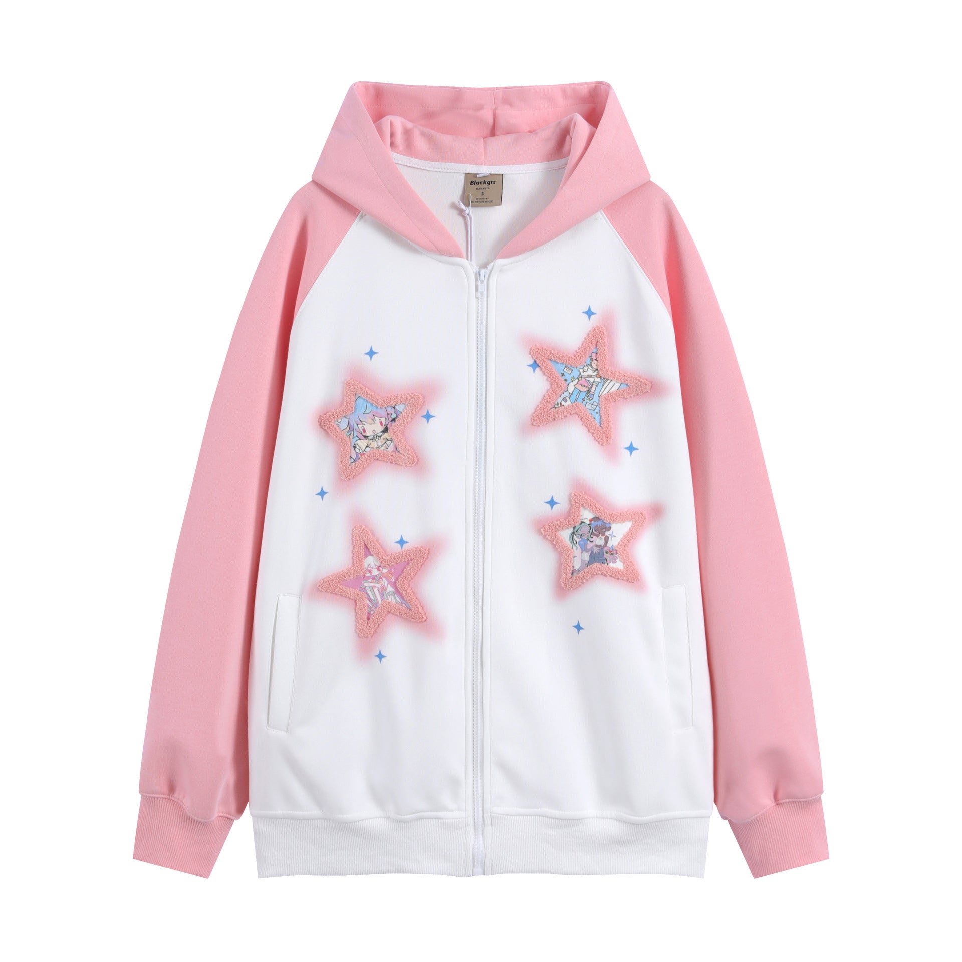 Color Block Zip Up Hoodie for Women — Oversized Raglan Fit with Star Patches in Fleece