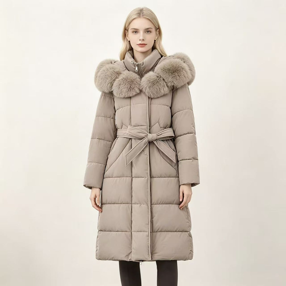 Women's hooded padded cotton coat, beige with faux fur collar and tie belt