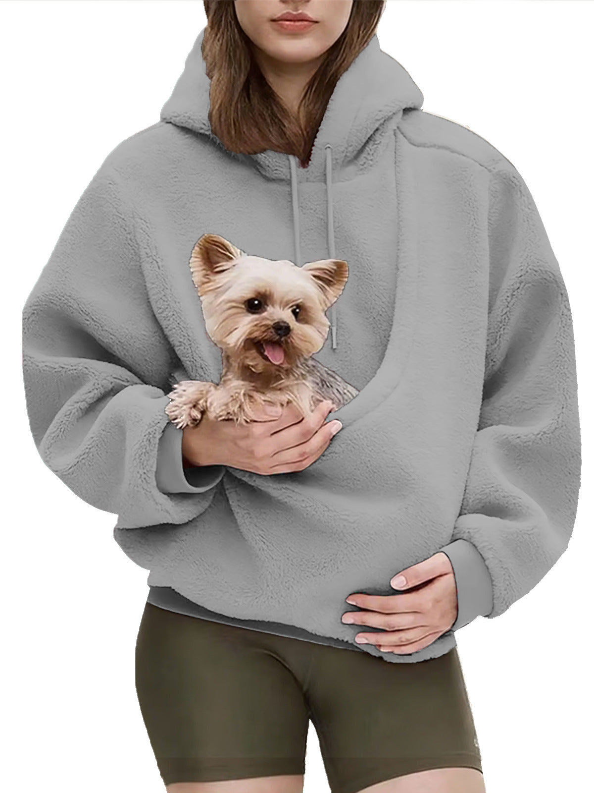 Light gray hooded plush sweatshirt with front pouch pocket and dog