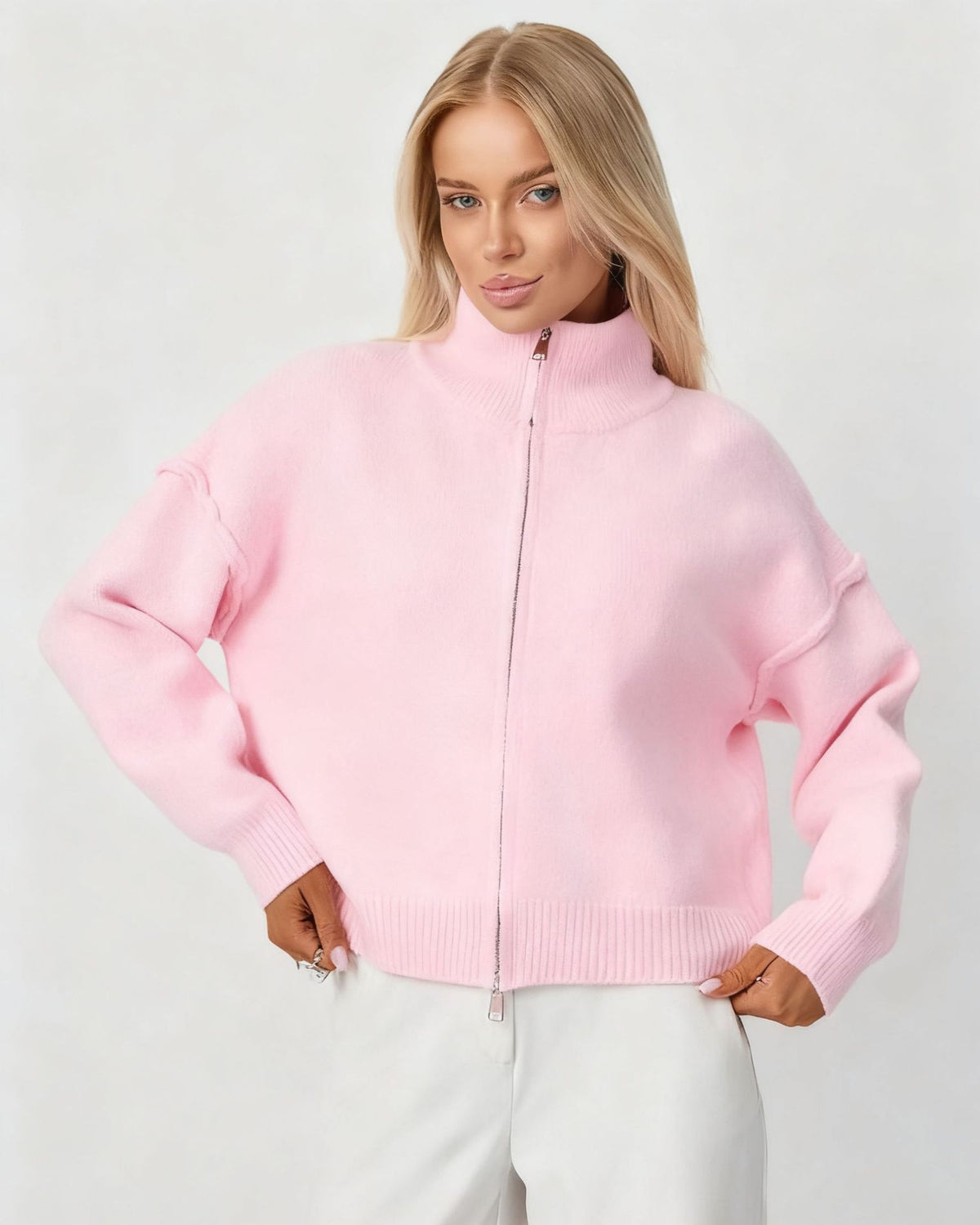 Zip Up Cardigan for Women — Oversized Stand Collar Knit in Soft Wool Blend