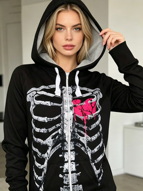 Skeleton Zip Up Hoodie for Women — Longline Y2K Graphic Print in Cotton Jersey