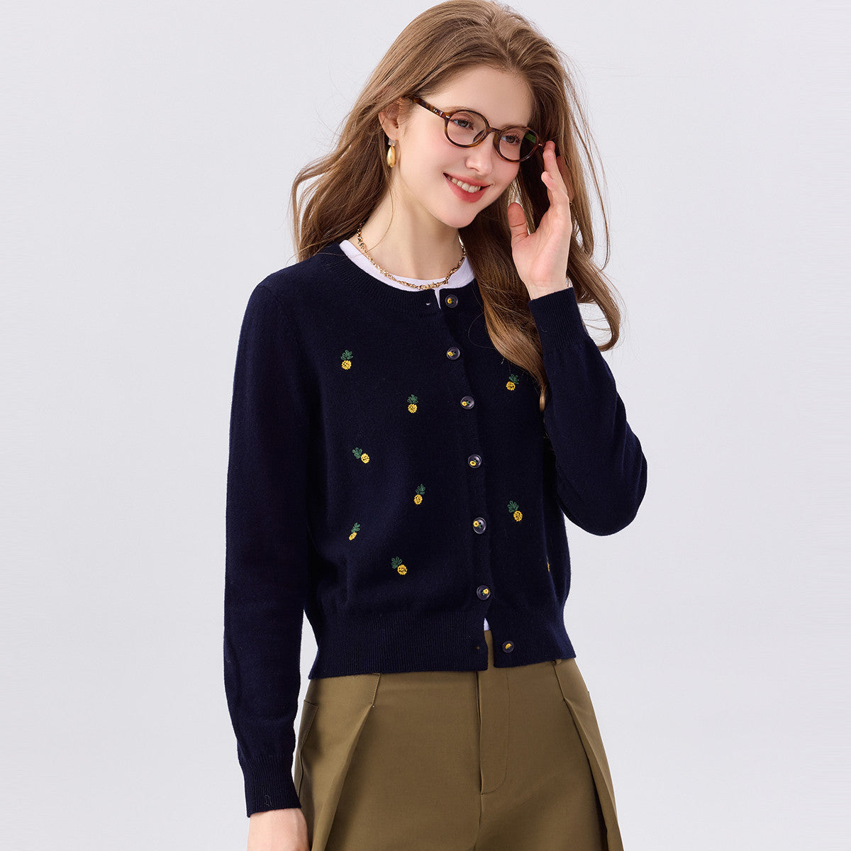 Dark navy wool cardigan sweater, round neck, button-front, long sleeves, fruit print