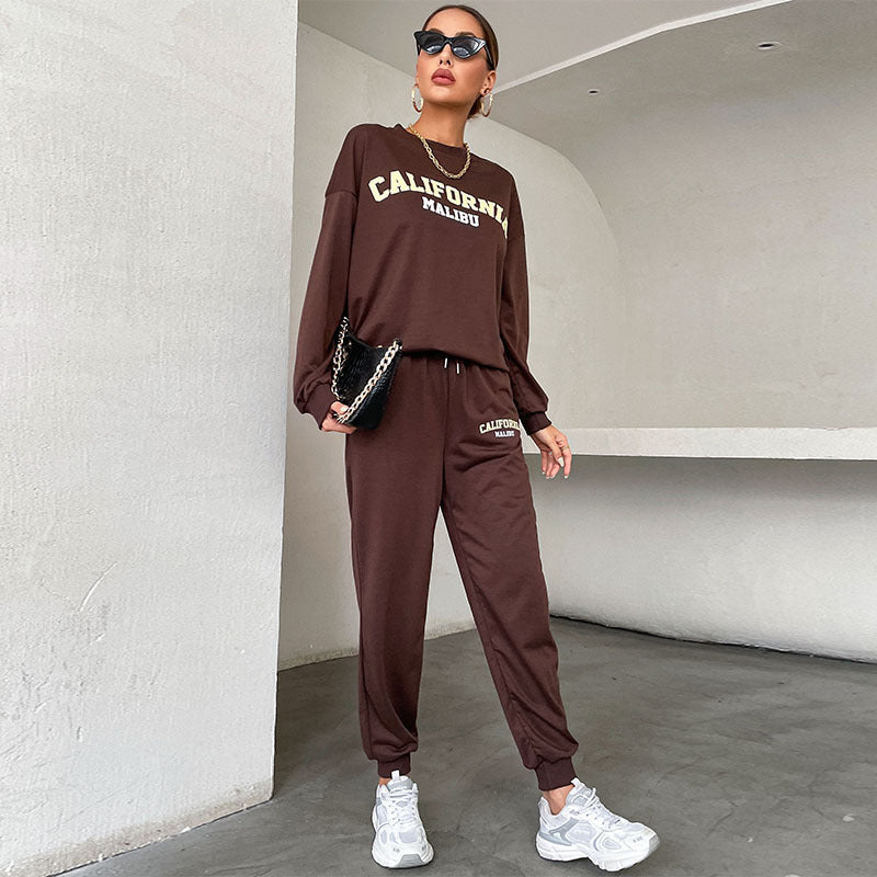 Dark brown women's two-piece set: sweatshirt with 'California Malibu' print and jogger pants