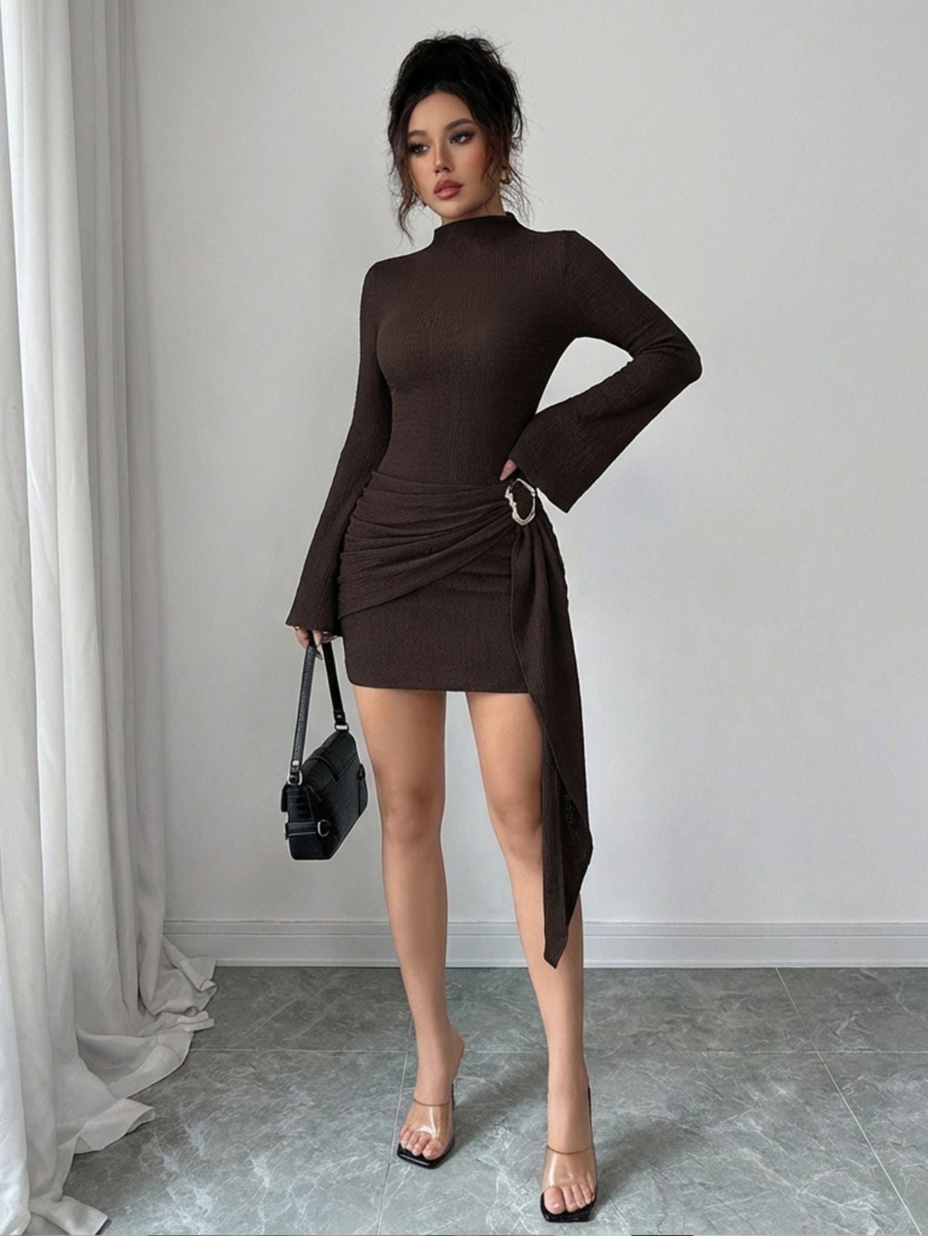 Bell Sleeve Mini Dress — Mock Neck Draped Sash Bodycon Style in Ribbed Knit