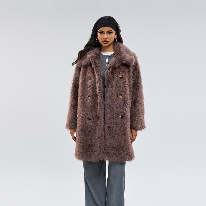 Long faux fur coat, taupe-brown, shawl collar, gold-tone button front