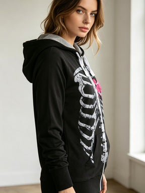 Skeleton Zip Up Hoodie for Women — Longline Y2K Graphic Print in Cotton Jersey