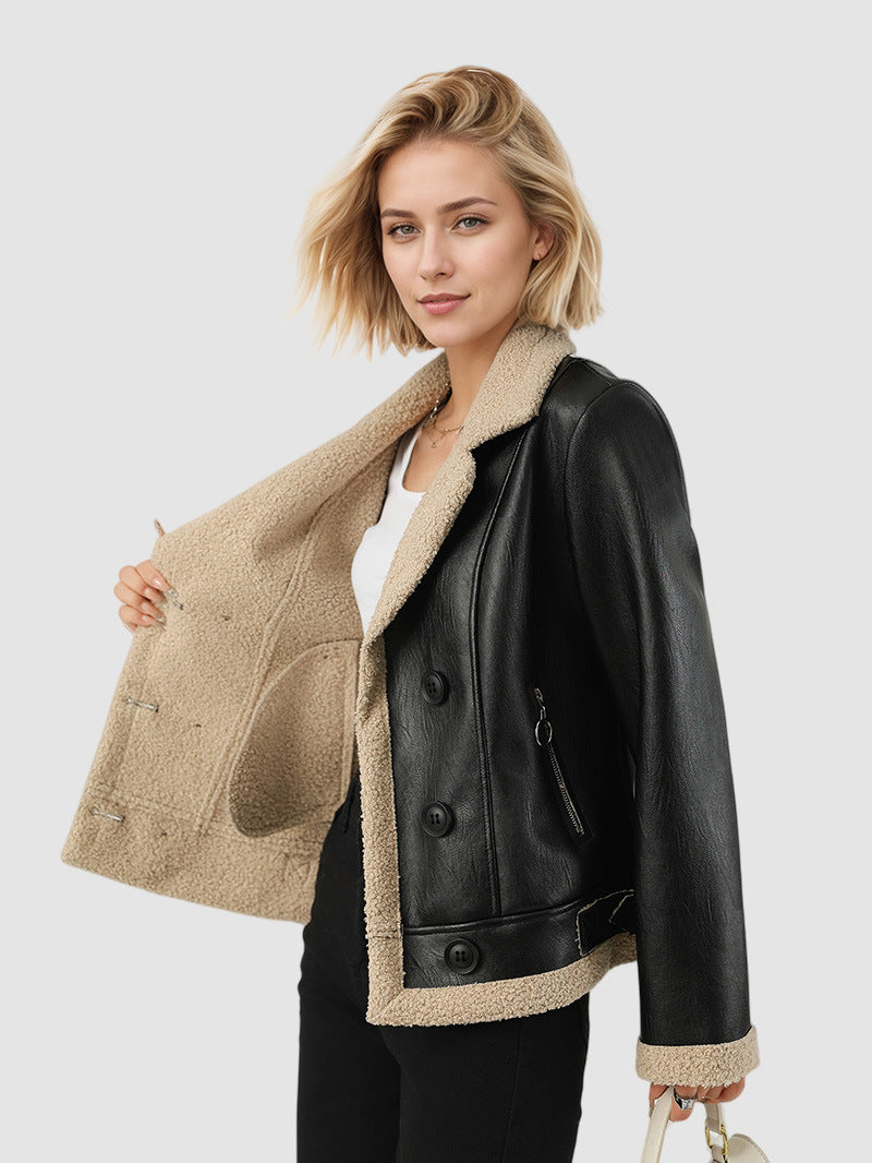 Faux Shearling Jacket for Women — Double Breasted Moto Style in Faux Leather