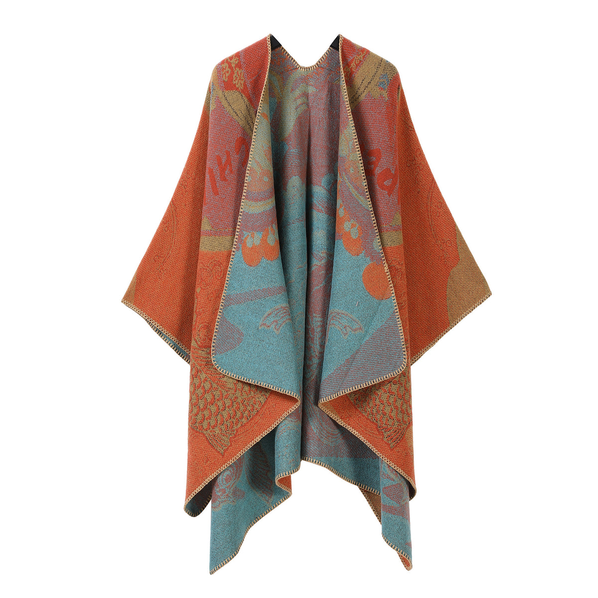 Orange and teal blue patterned double-sided split cape shawl, wide drape