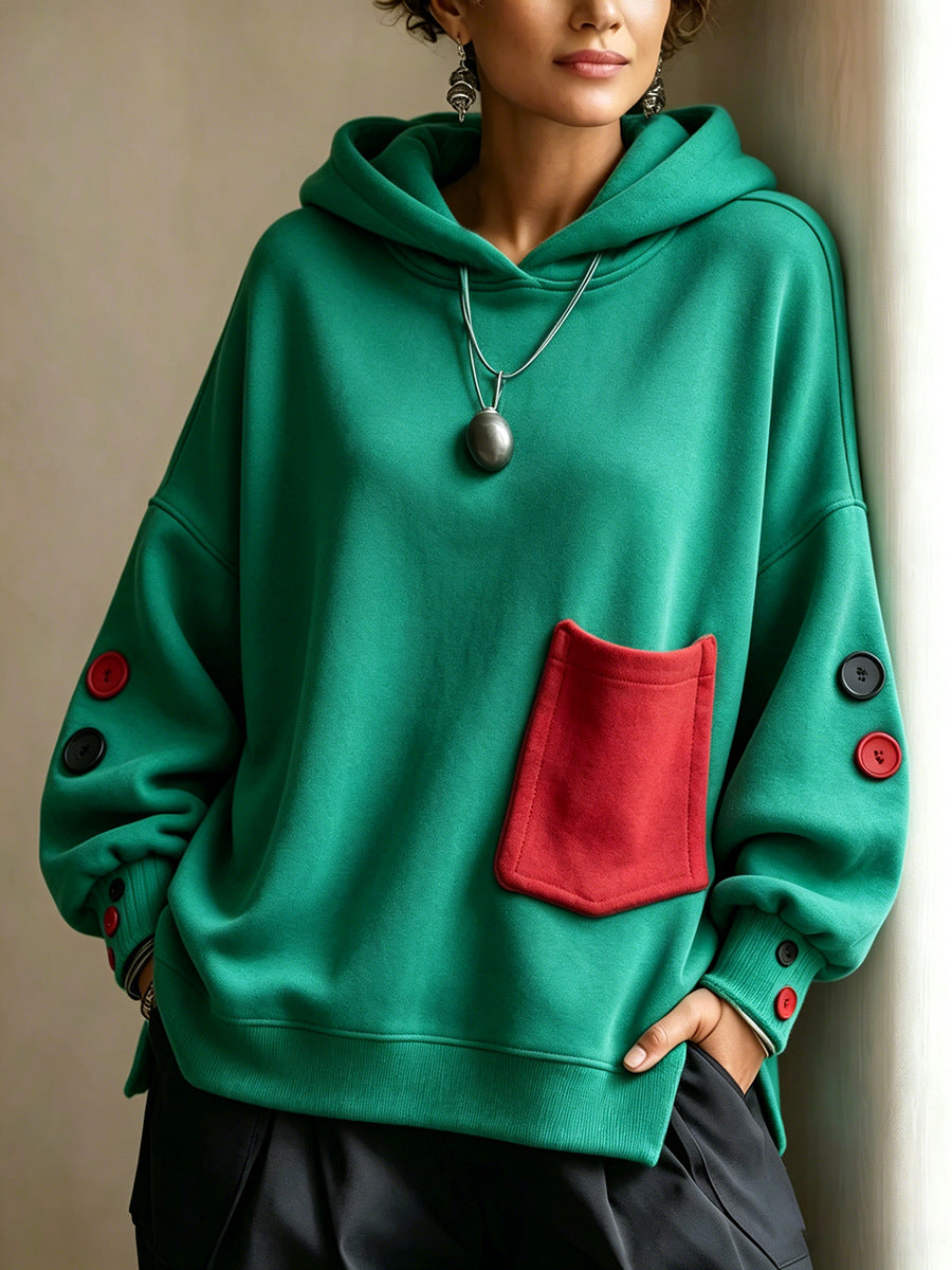Green pullover hoodie with front kangaroo pocket, hood drawstrings, buttoned sleeve cuffs