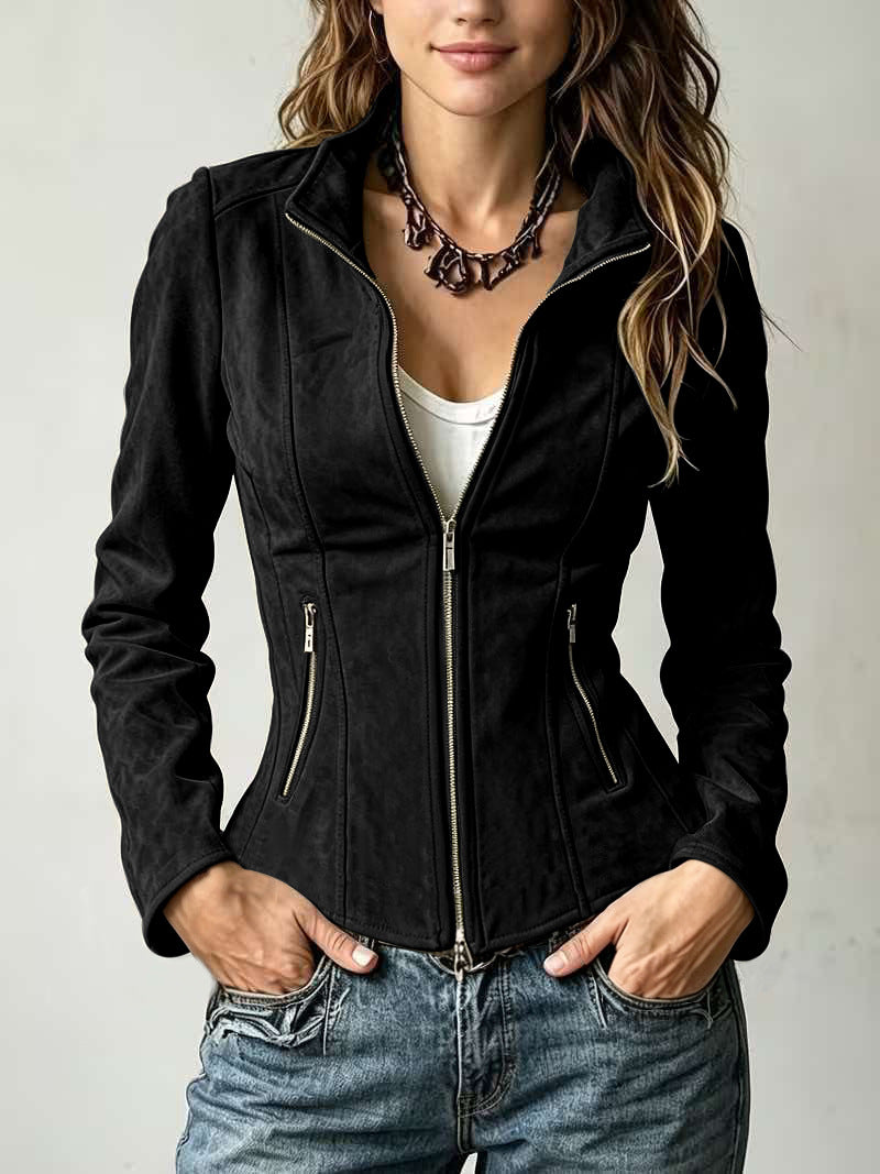 Women's fitted suede-style stand-collar zip jacket with front pockets, black