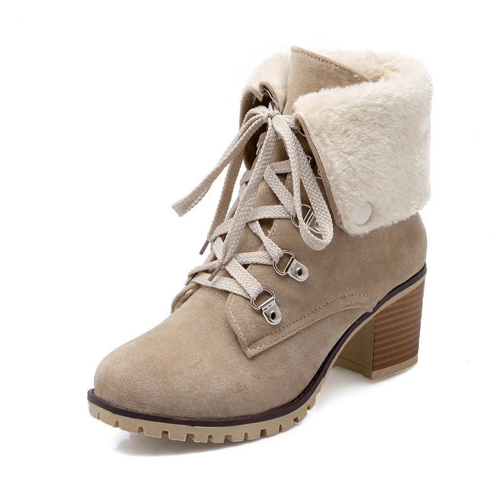Women’s lace-up short boots with faux-fur cuffs, chunky heel, light beige/taupe with white laces.