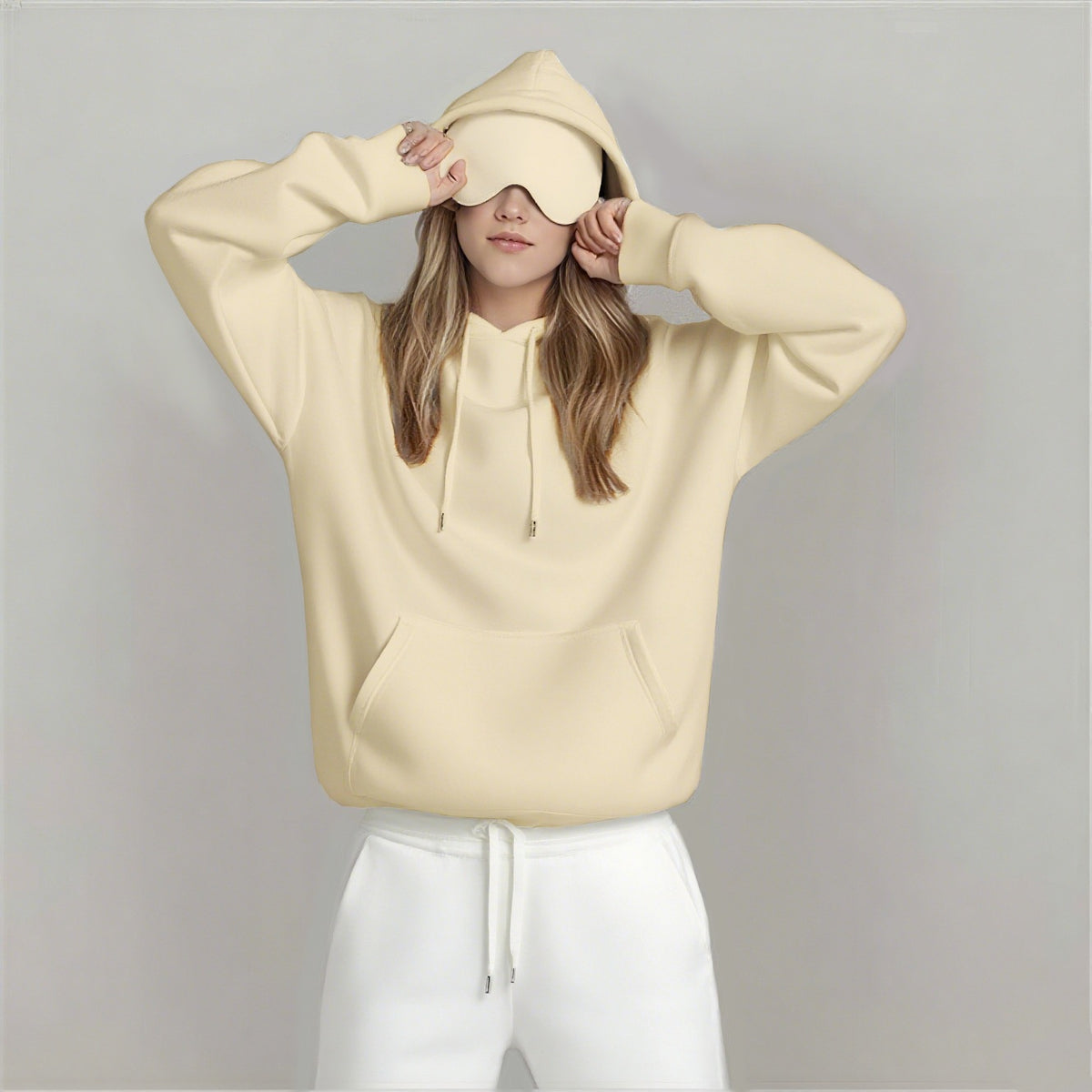 Oversized pullover hoodie with hood and front pocket, beige