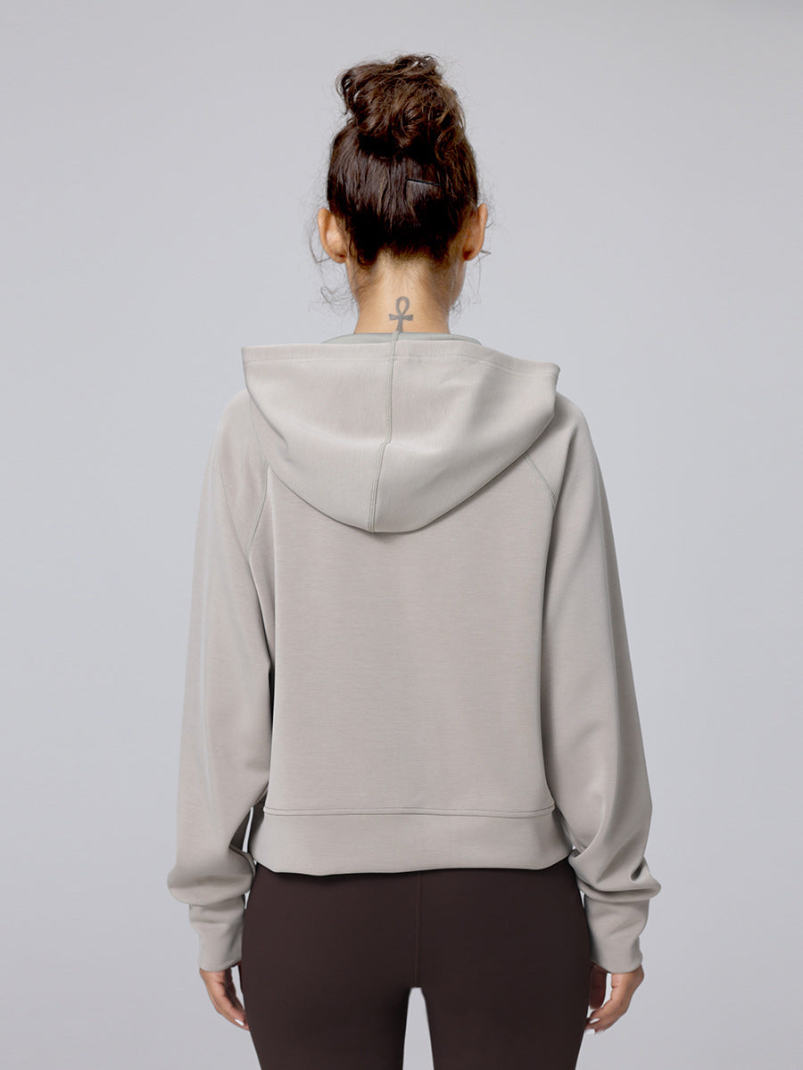 Light gray back view hooded pullover sweatshirt with long sleeves