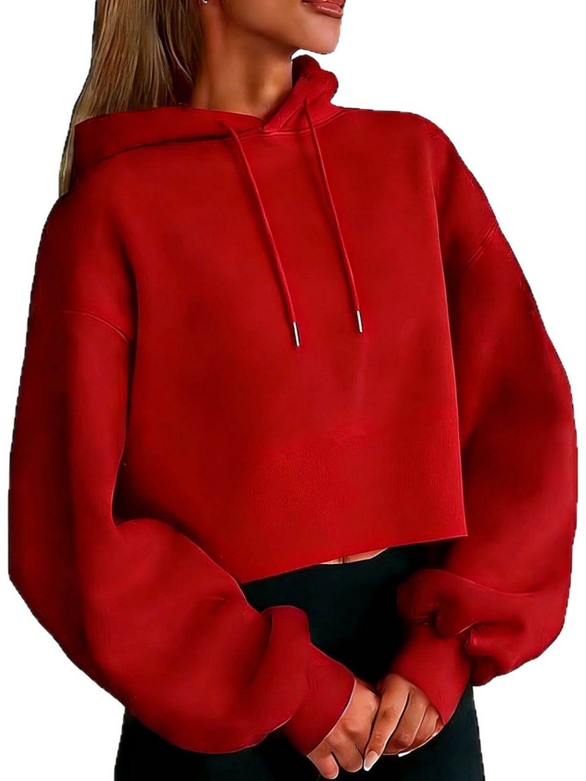 Red cropped hooded sweatshirt with drawstring hood and long sleeves