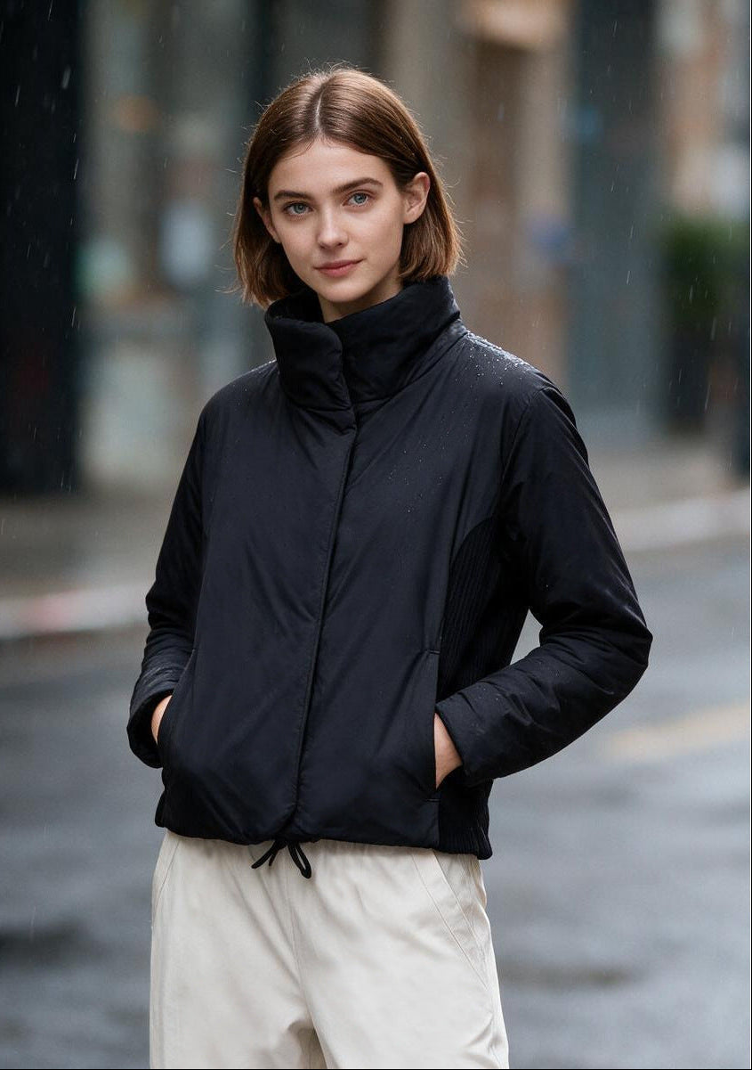 Women’s dark high-neck windproof cotton jacket, zip front and elastic cuffs