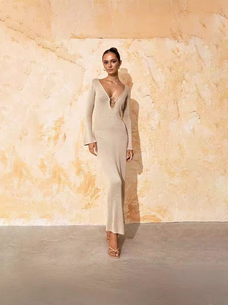 Apricot knitted maxi dress, V-neck, long sleeves, ring keyhole cutout, backless