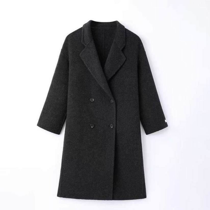 Black long wool coat with notched lapels and double-breasted button closure