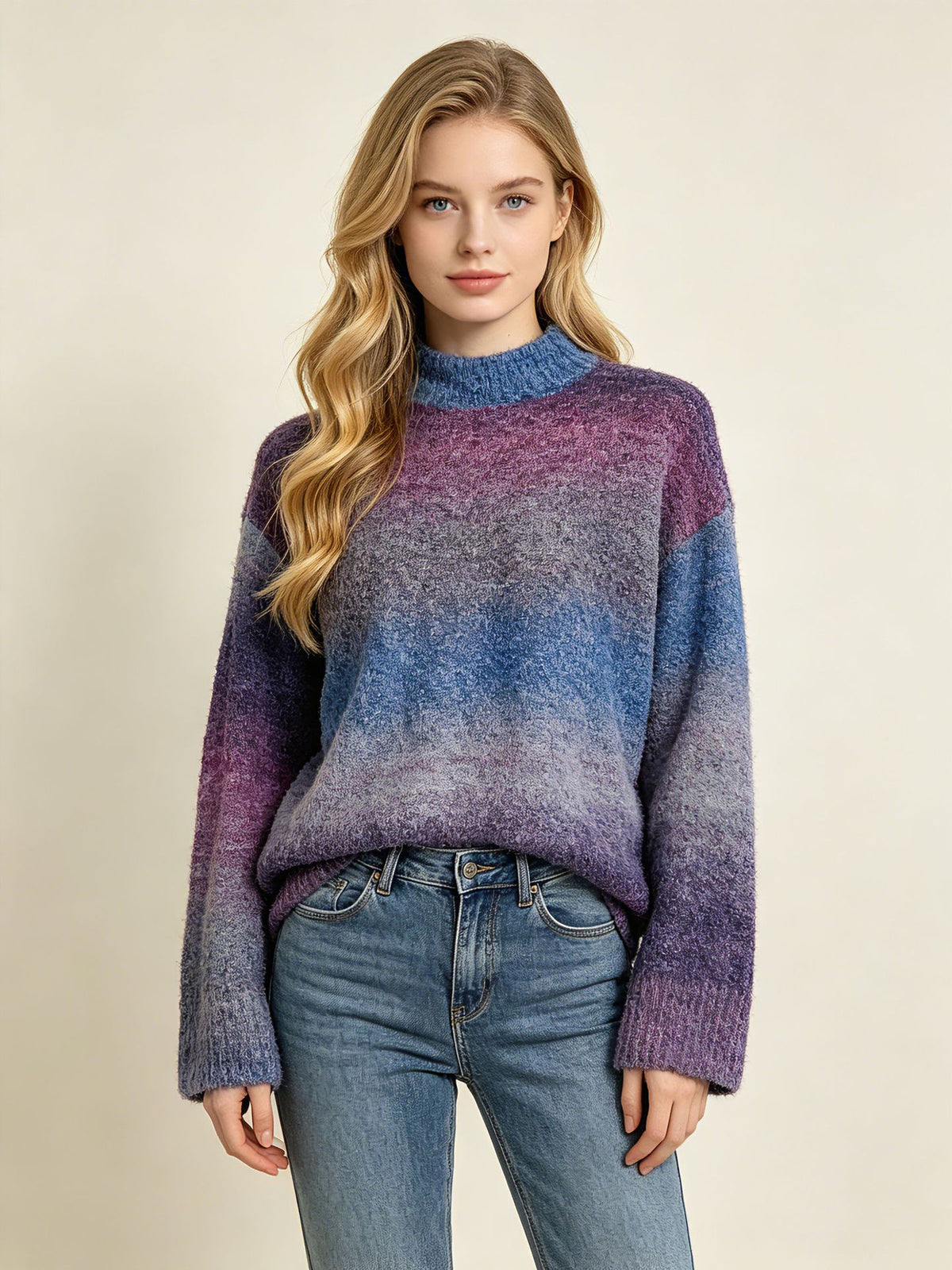 Women’s gradient knit sweater with round neck, drop-shoulder long sleeves, dark violet and blue