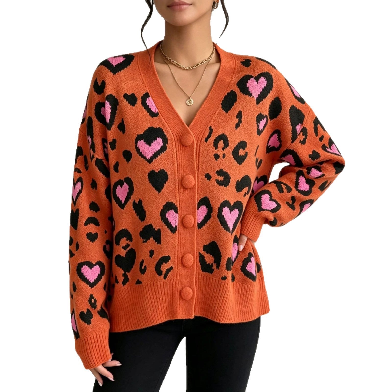Leopard Print Cardigan for Women — Oversized V Neck Button Front Knit in Wool Blend