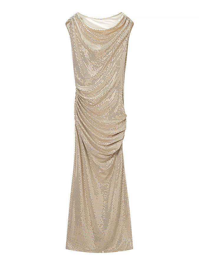 Champagne-beige one-shoulder sequin long dress, draped detail on a sleeveless column