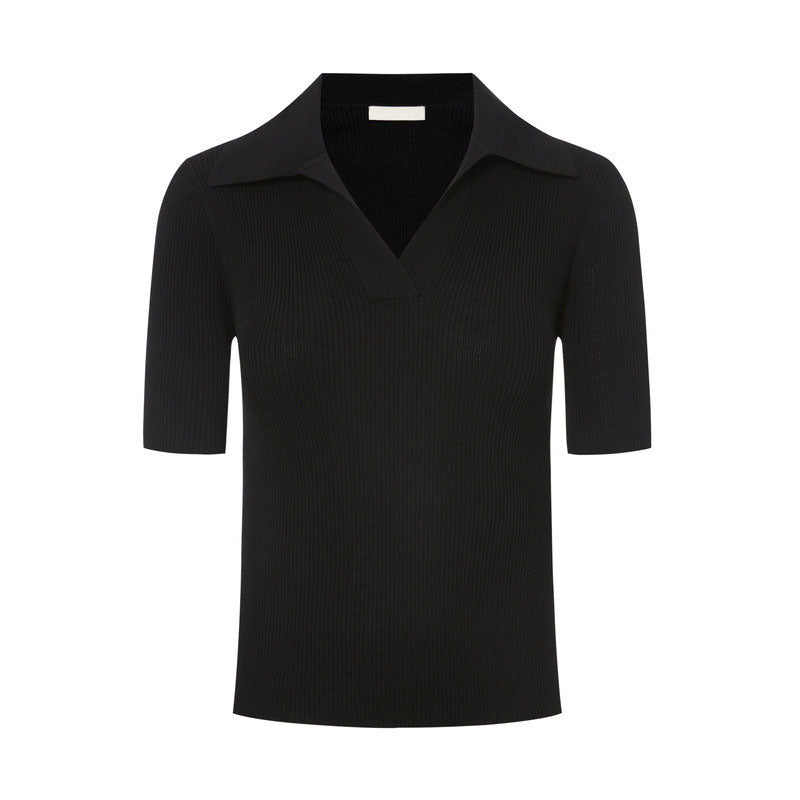 Black ribbed knit polo top, short sleeves, open collar, flat lay