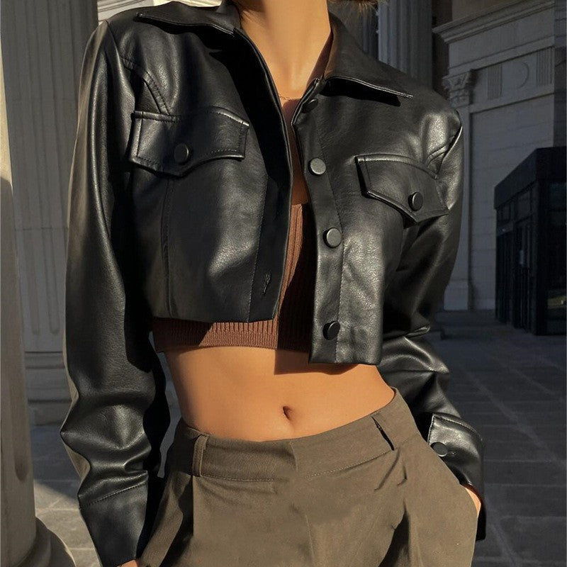 Black cropped biker leather jacket with button placket and flap chest pockets