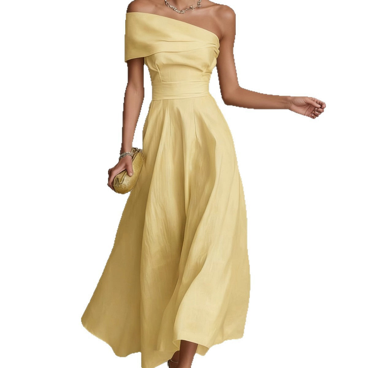 Yellow one-shoulder midi dress bodice with gathered skirt and cinched waist