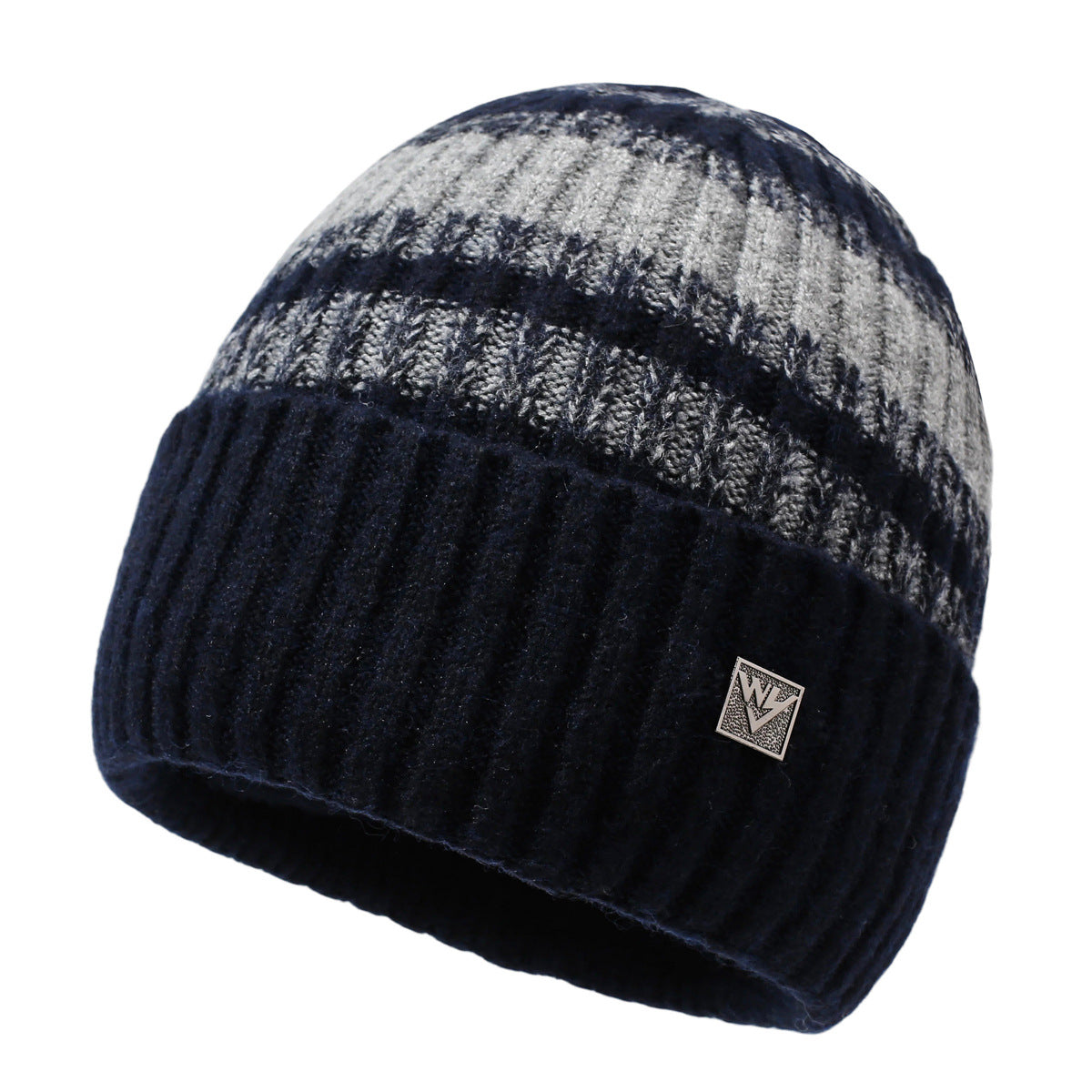Navy blue plaid knit beanie with ribbed texture and small logo patch