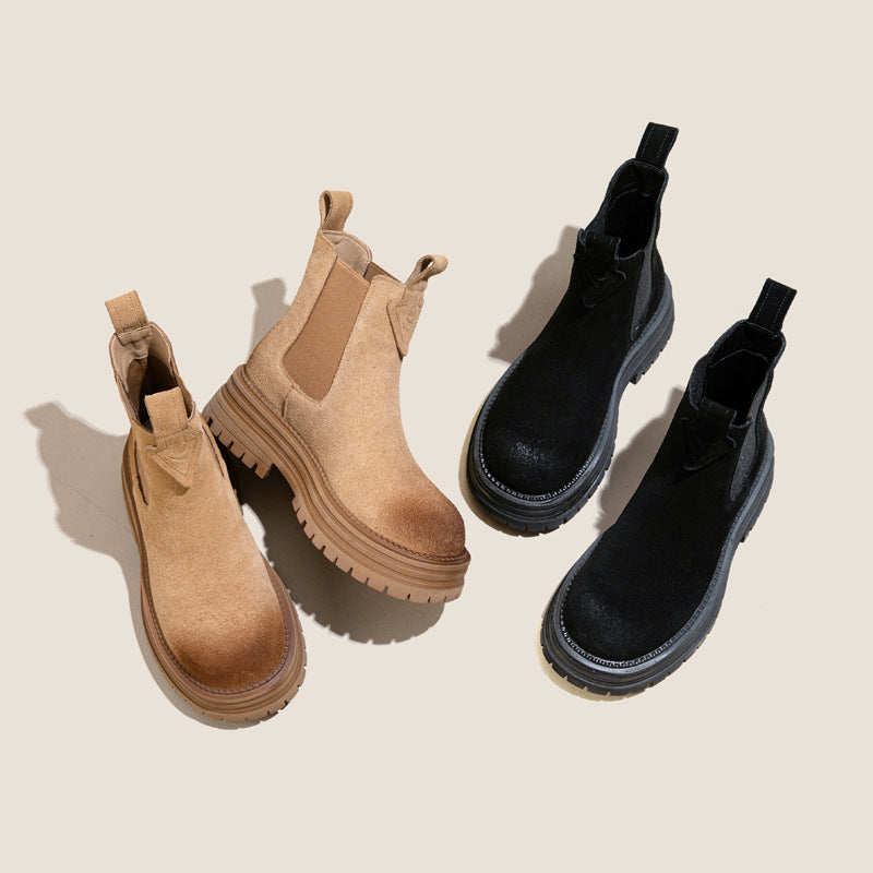Women’s chunky platform chelsea boots, faux suede pair in brown and black