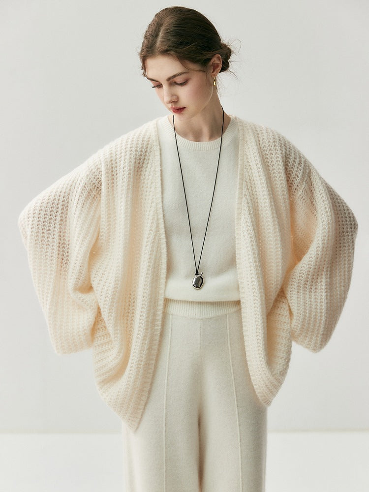 Cream loose knitted cardigan with textured knit and open front