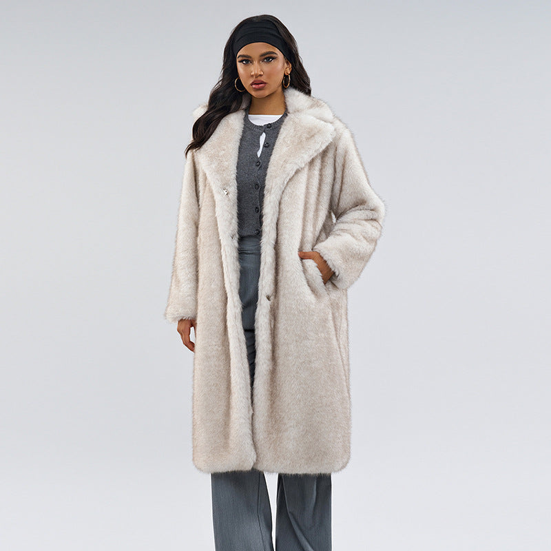Off-white faux fur long coat, front 3/4 view with deep collar and button front