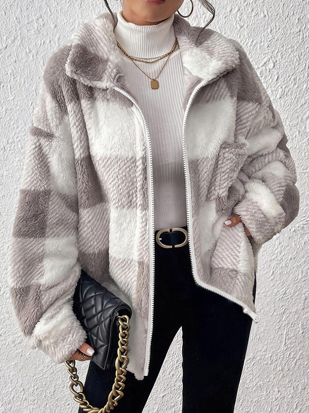 Plaid plush zip-up jacket in light gray and white, fuzzy check pattern, front zipper