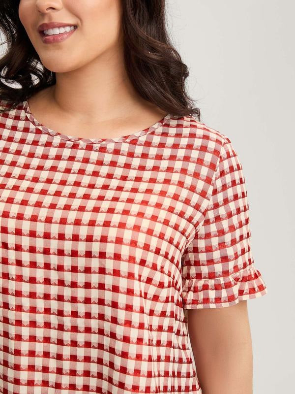 Gingham Blouse — Short Sleeve Ruffle Trim Top with a Back Button Placket in Cotton