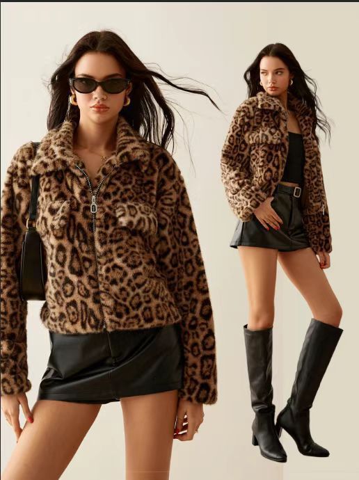 Leopard faux fur cropped jacket with leopard print and snap front, long sleeves