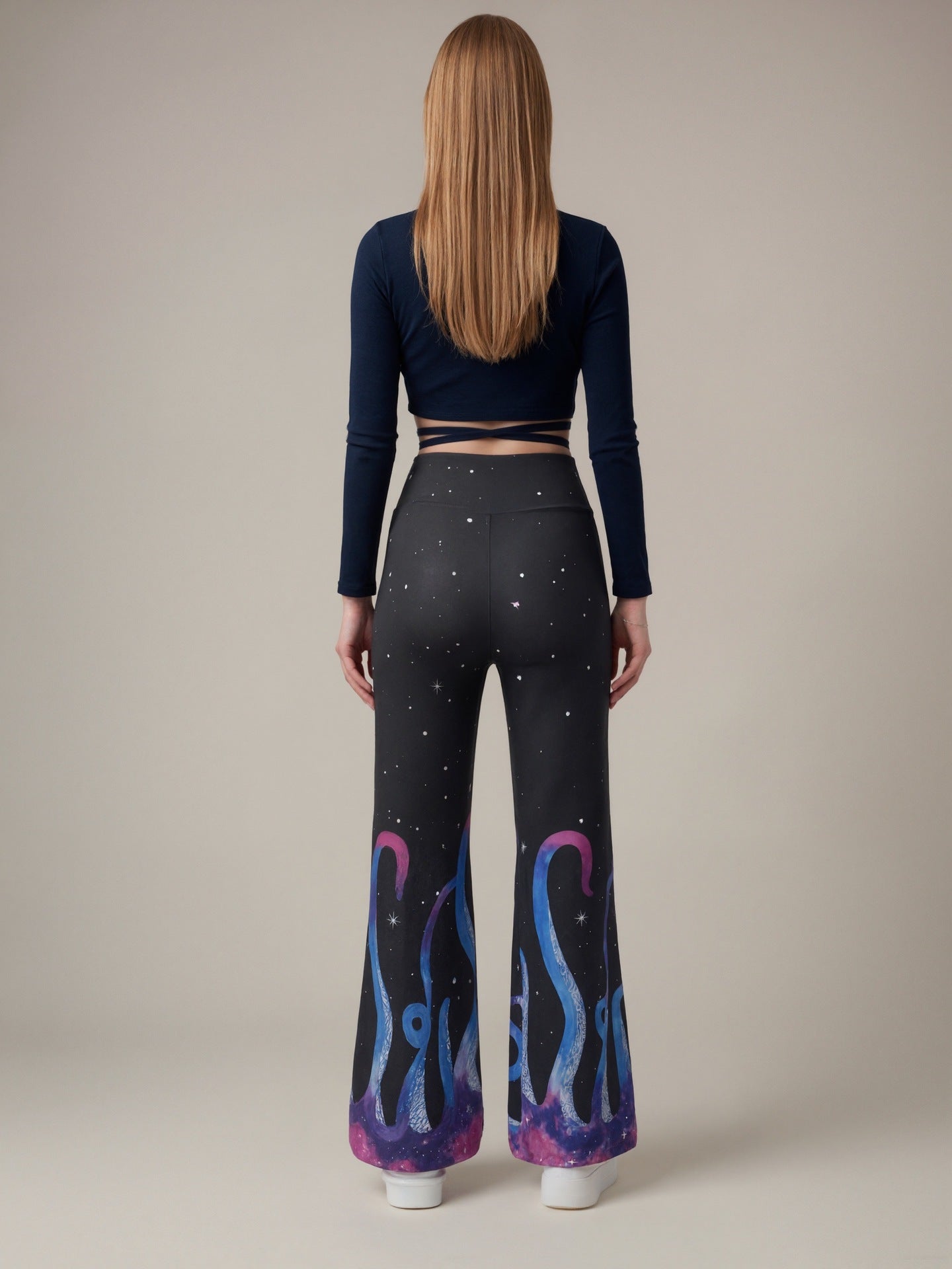 Wide Leg Pants for Women — High Waisted Flare with Graphic Hem Print in Polyester
