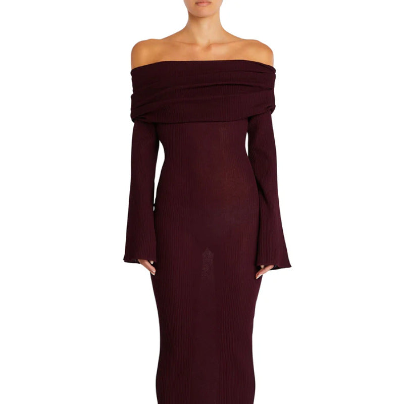 Burgundy off-shoulder long-sleeve ribbed knit bodycon midi dress