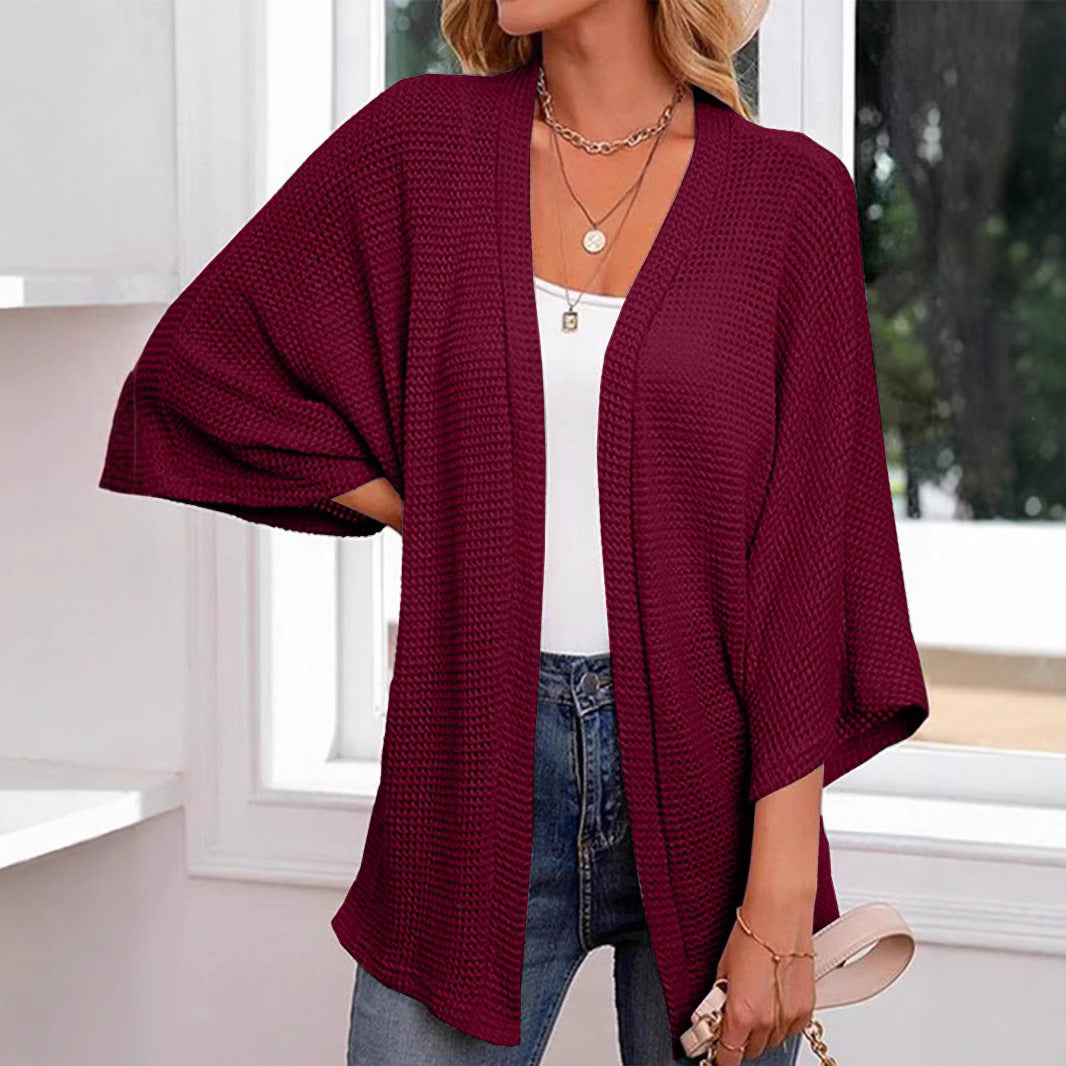 Women's loose textured knit cardigan with 3/4 sleeves, open front, wine red