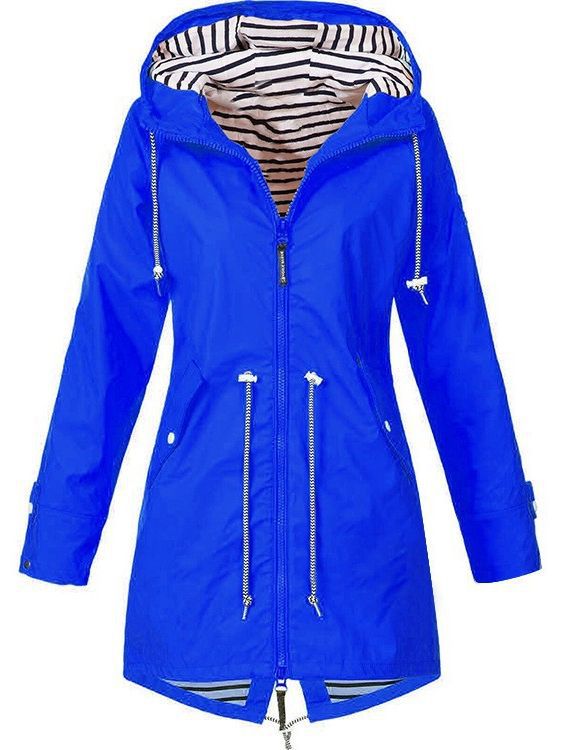 Blue hooded parka jacket with striped lining, full front zipper and long sleeves.
