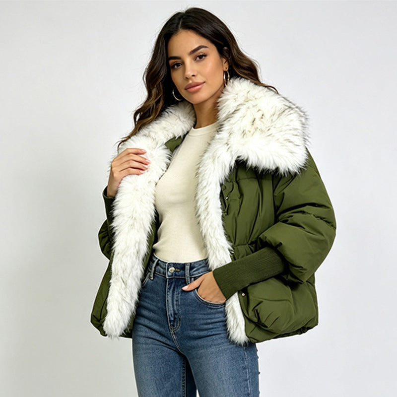 Women's short cotton jacket, green with white faux fur collar, side profile view