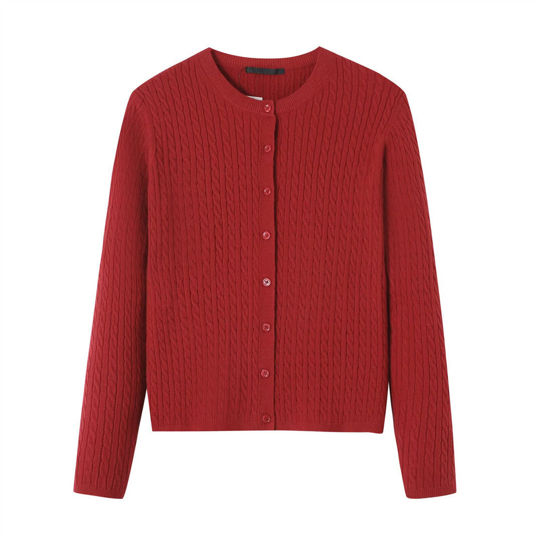 Cable Knit Cardigan for Women — Classic Crew Neck Button Front in Soft Merino Wool