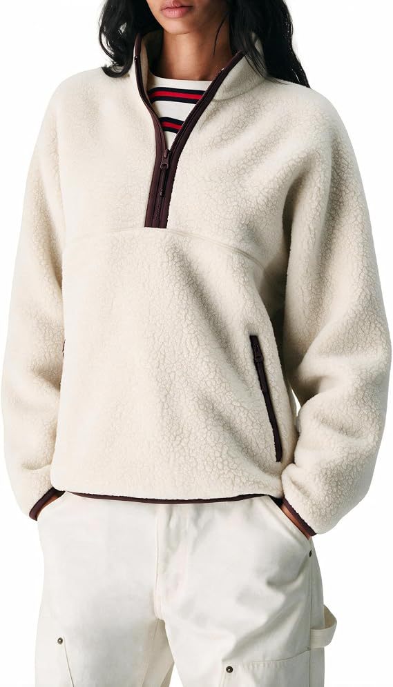 Women's fleece quarter-zip sweater, cream white teddy fabric